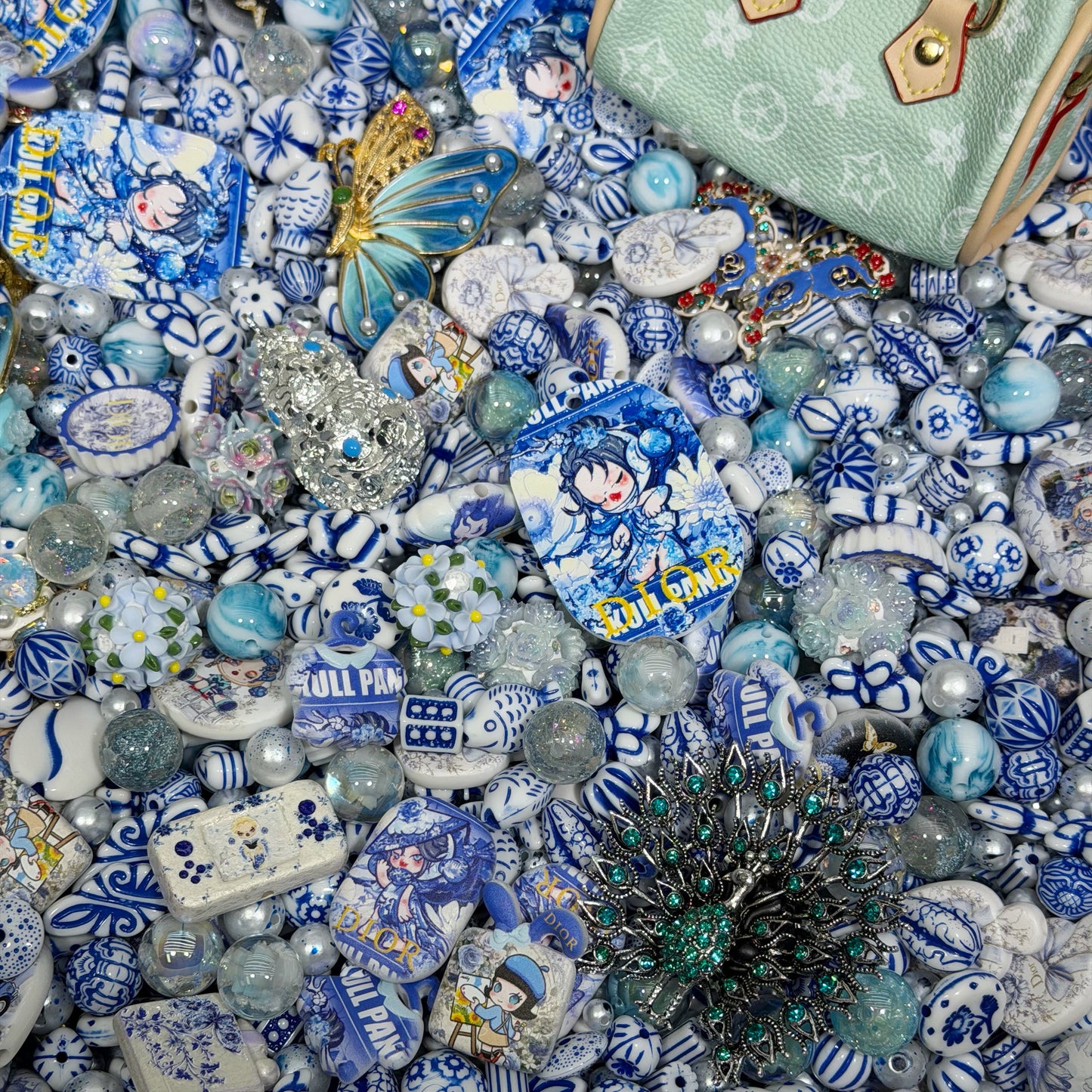 Acrylic beads-Blue & White Ceramic Style Accessory Collection (for beadable pens, keychains, phone chains)