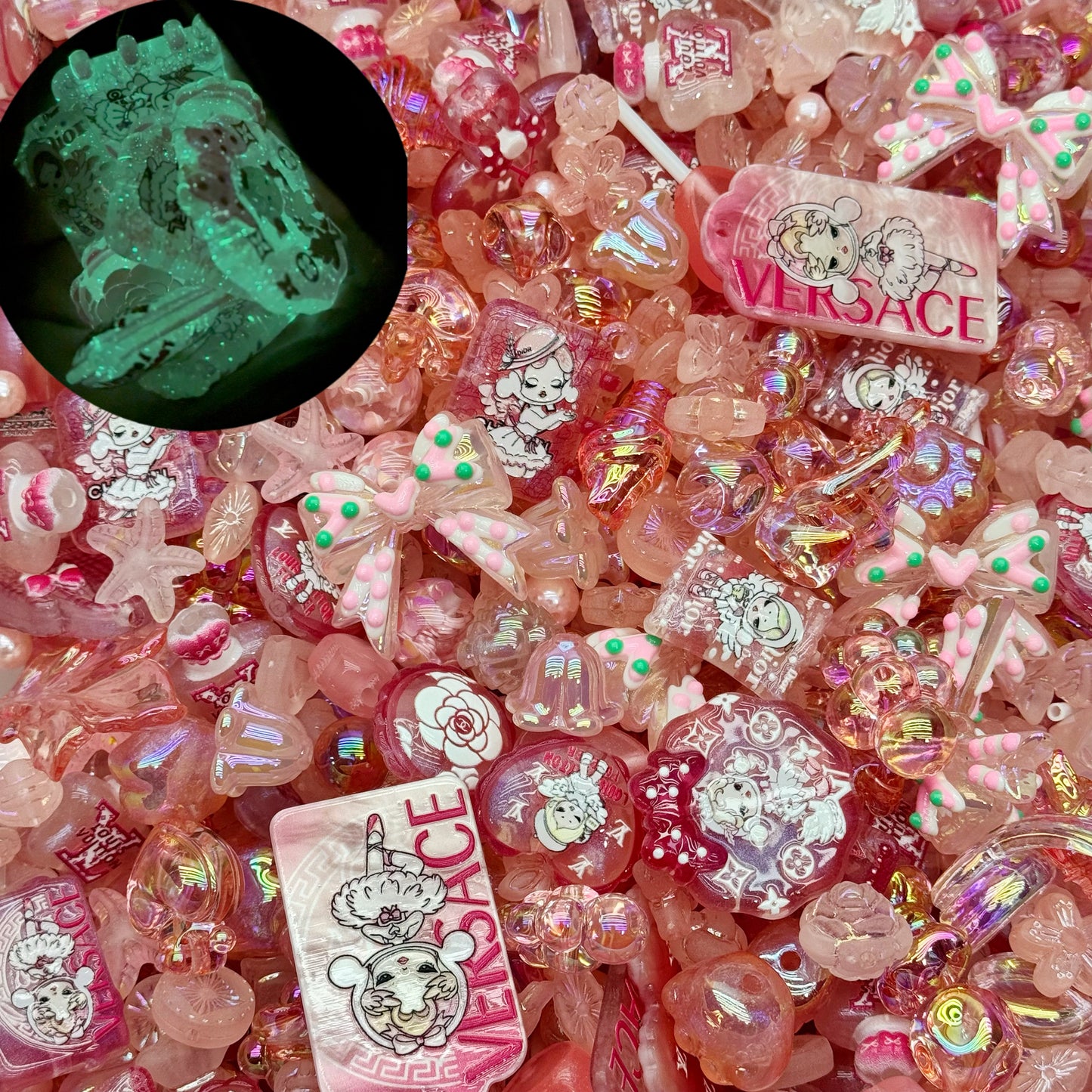 Acrylic beads-Rose pink Skull panda(Glow in the Dark)(for beadable pens, keychains, phone chains)