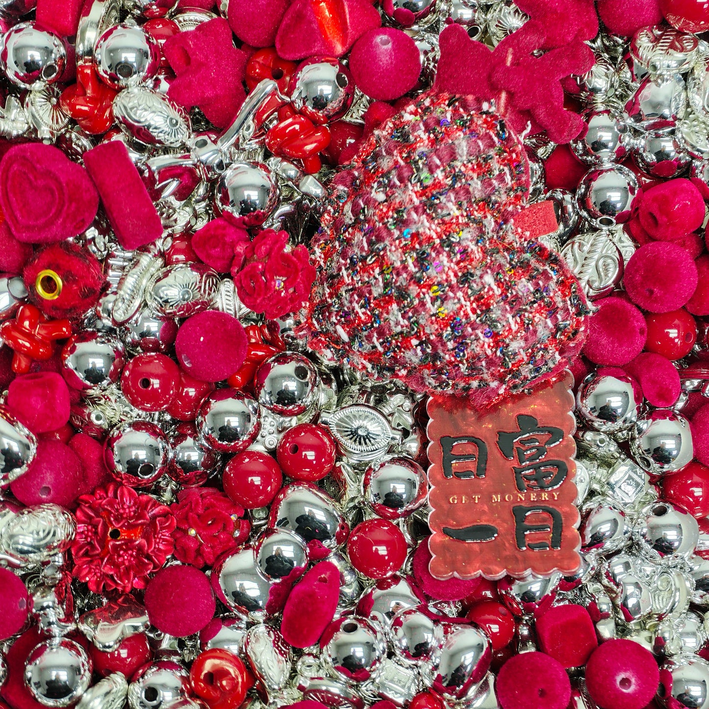 Acrylic beads- red silver (for beadable pens, keychains, phone chains)