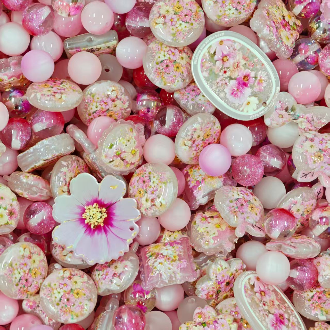 Acrylic Beads - Pink flowers world (for beaded pen, keychains, phone chains)