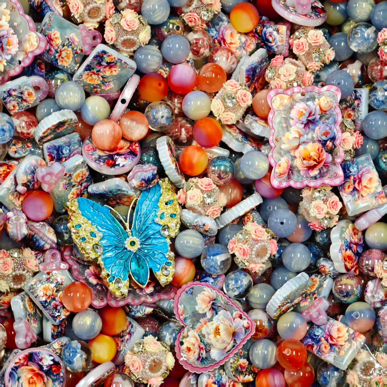 Acrylic Beads - Red blue lotus (for beaded pen, keychains, phone chains)