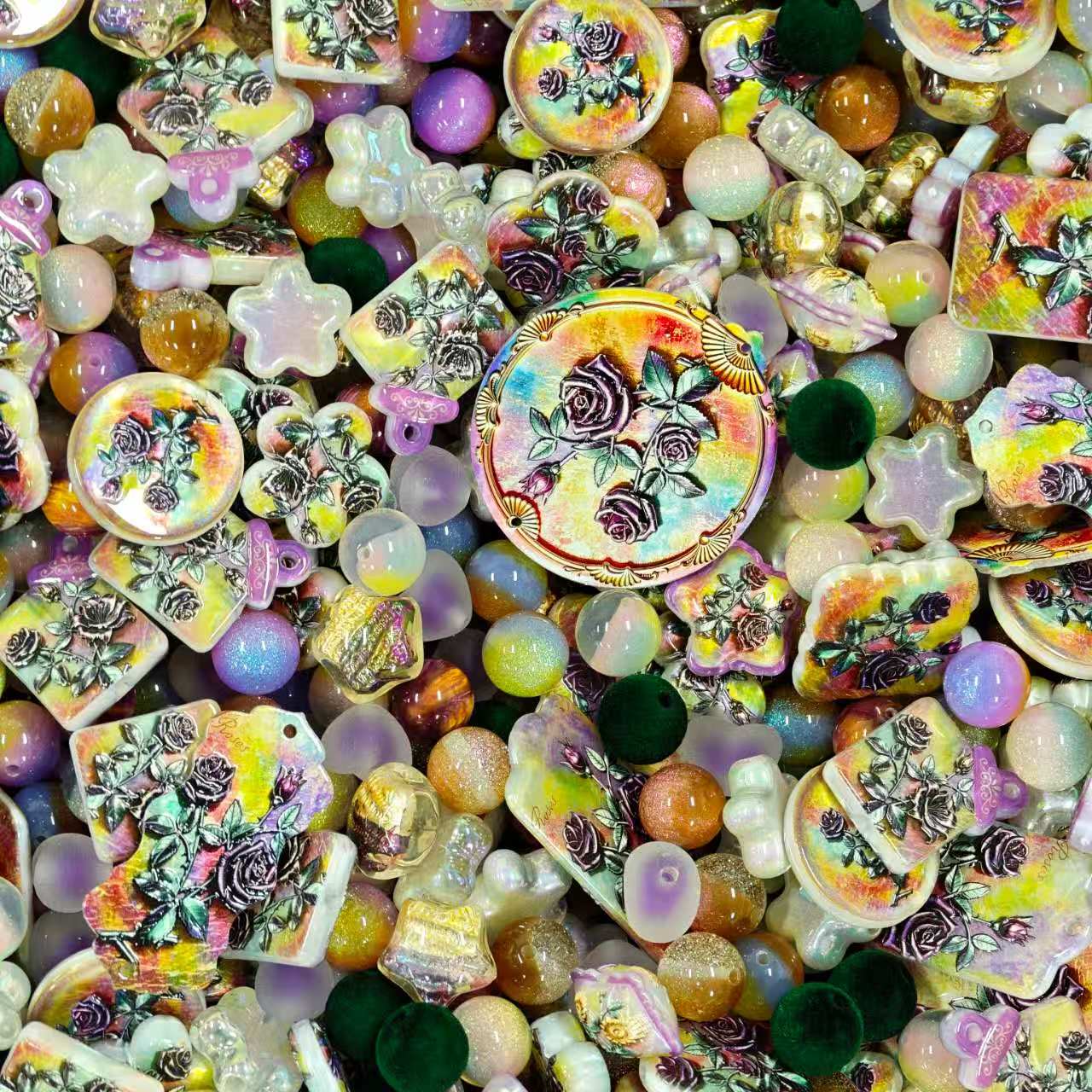 Acrylic beads - Purple roses (for beadable pens, keychains, phone chains)