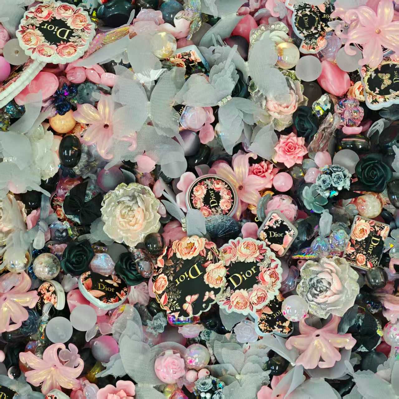 Acrylic Beads -Grey pink roses (for beaded pen, keychains, phone chains)