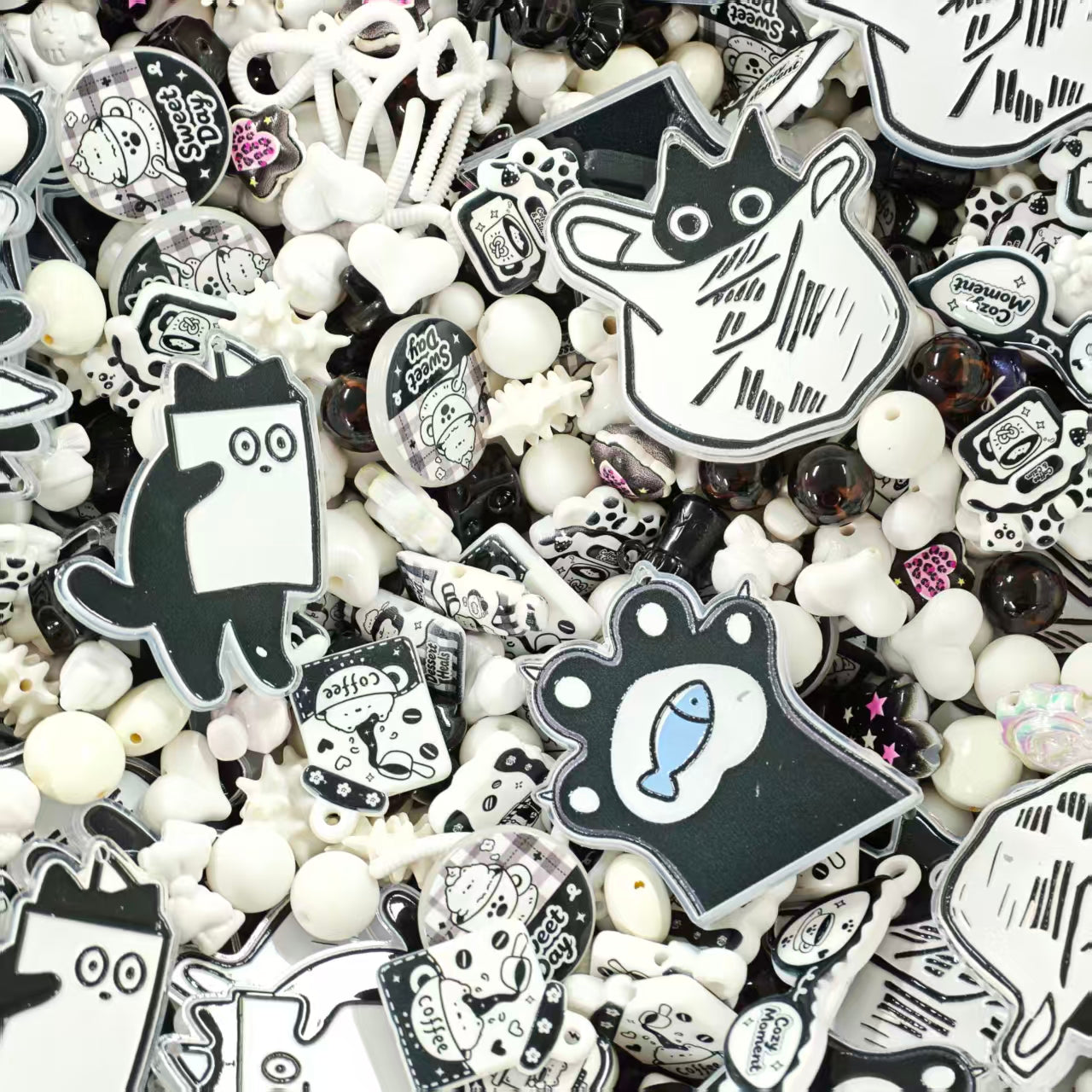 (BOGO)Acrylic Beads - Black white cat (for beaded pen, keychains, phone chains)