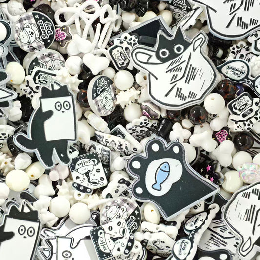 (BOGO)Acrylic Beads - Black white cat (for beaded pen, keychains, phone chains)