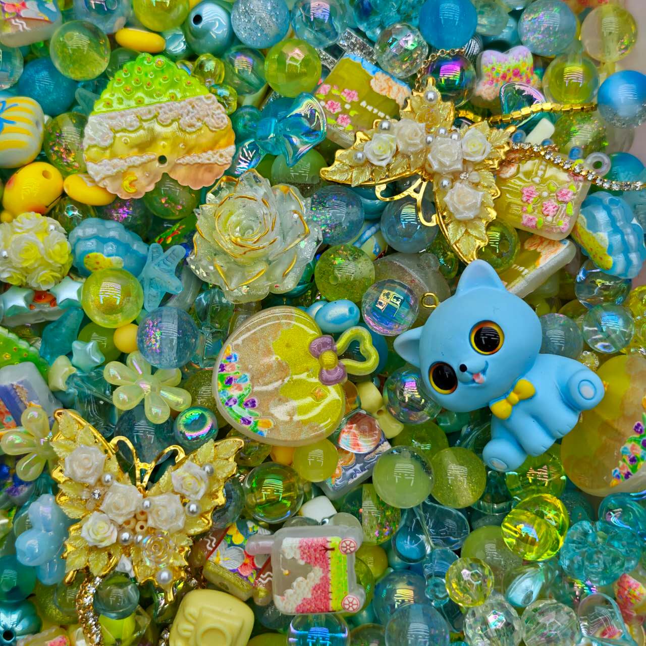 Acrylic beads- yellow blue garden  (for beadable pens, keychains, phone chains)