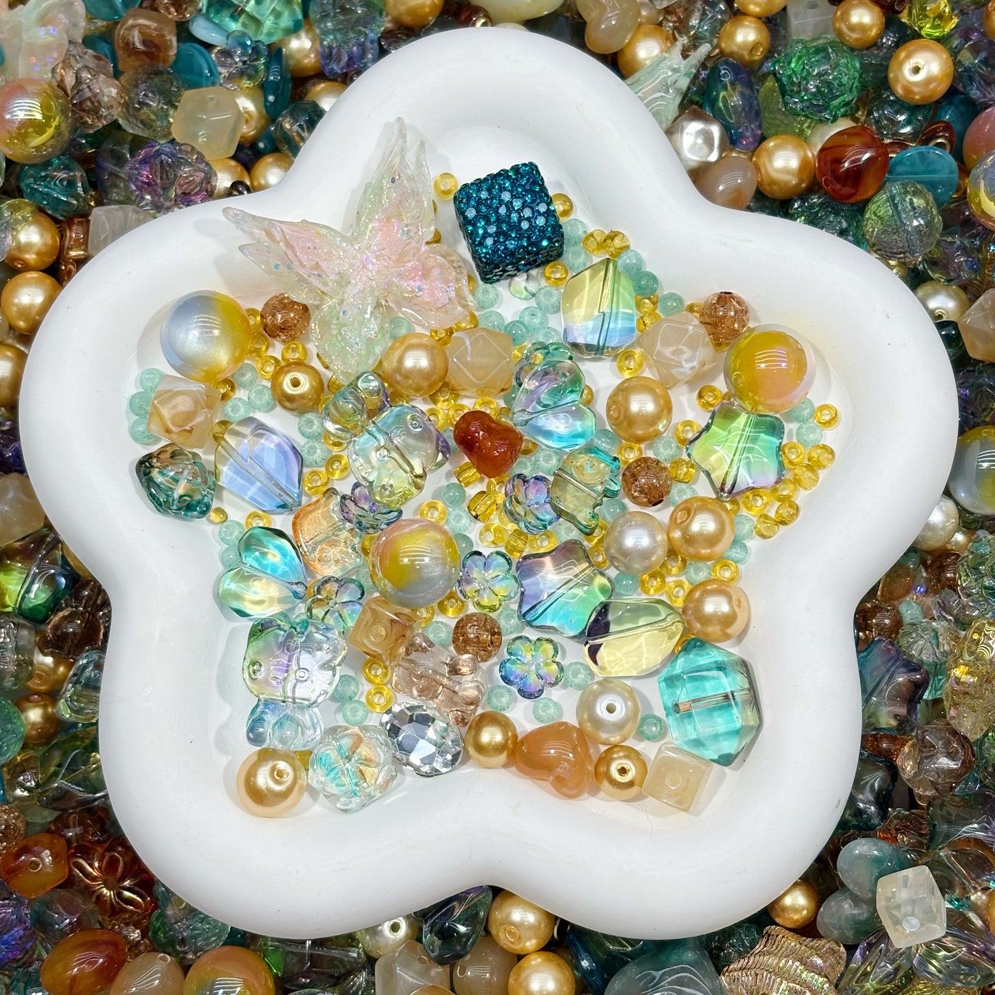 [LAST 1]Acrylic Beads- Fairy Dawn(Pastel Yellow & Teal)with more glass beads and glass spacer beads) for keychains, phone chains