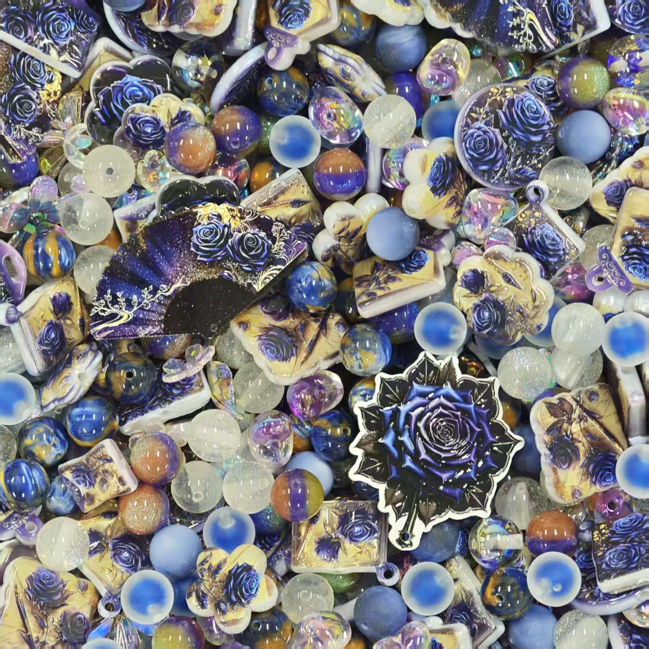 Acrylic beads - Blue blazing roses (for beadable pens, keychains, phone chains)