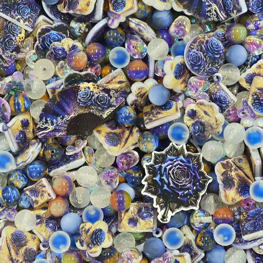 Acrylic beads - Blue blazing roses (for beadable pens, keychains, phone chains)