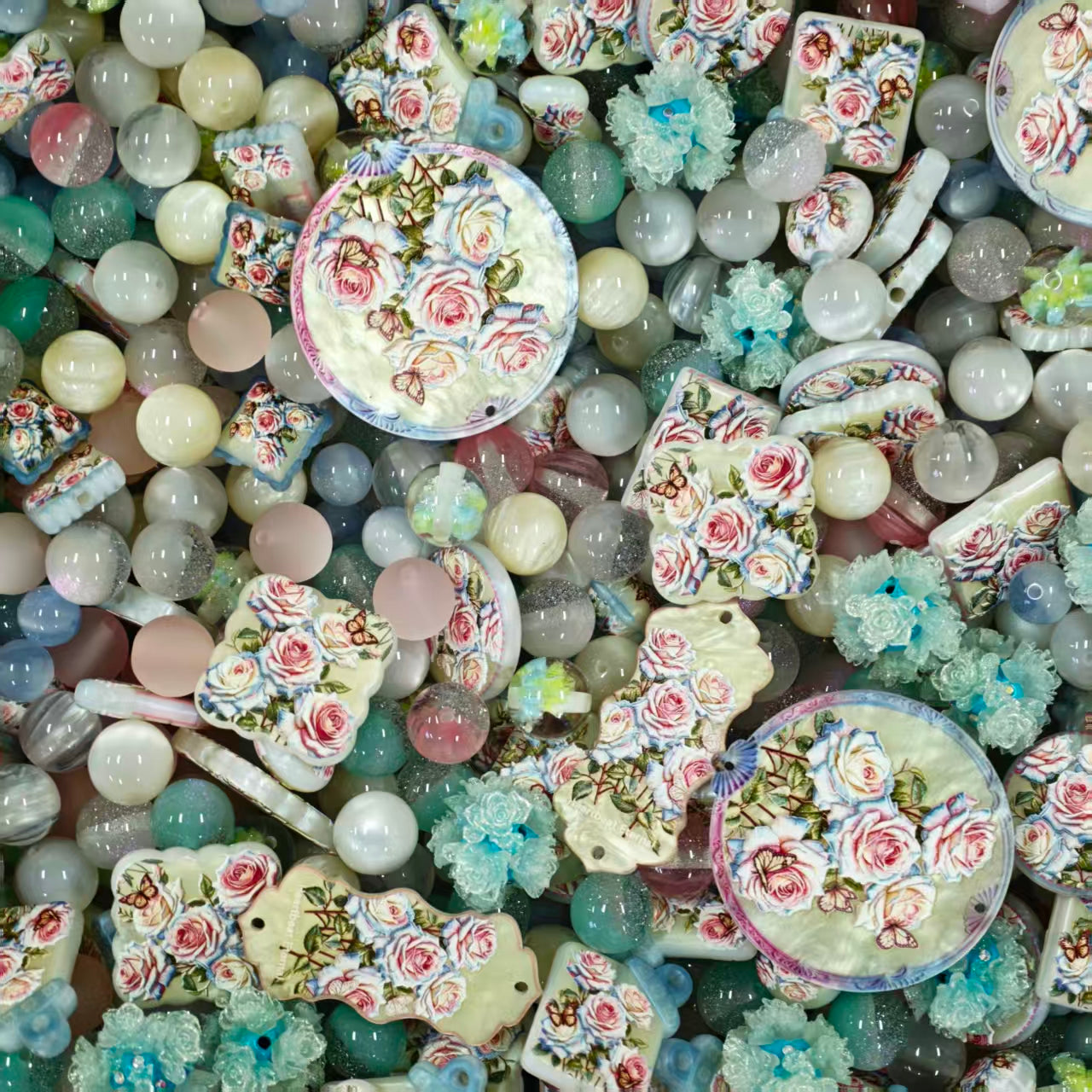 Acrylic beads - Pink green roses (for beadable pens, keychains, phone chains)