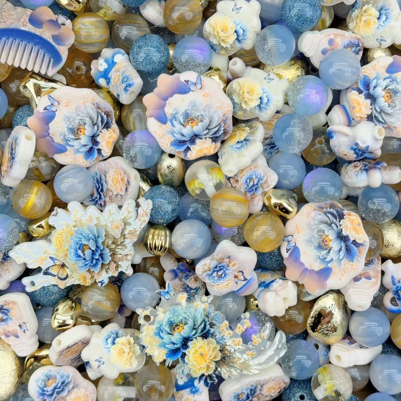 Acrylic Beads -Yellow blue peony (for beaded pen, keychains, phone chains)