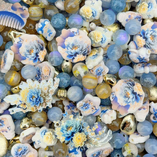 Acrylic Beads -Yellow blue peony (for beaded pen, keychains, phone chains)